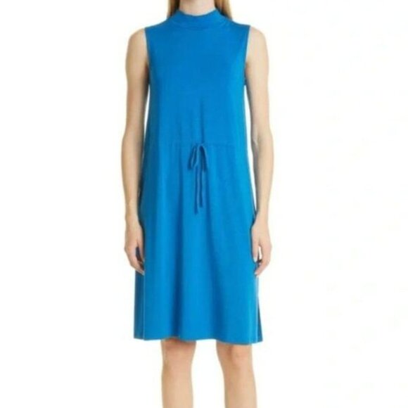 Eileen Fisher Mock Neck Tie Waist Sleeveless Knee Length Dress Marine Blue L - Picture 1 of 9
